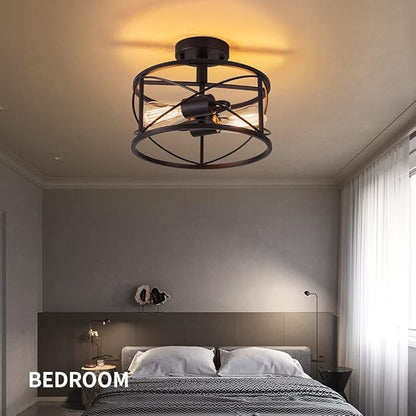2-Light Semi Flush Mount Black Ceiling Light Fixture, Farmhouse Industrial Metal Cage with Adjustable Height, Dimmable for Hallway Entryway Kitchen Bedroom Foyer Laundry Low Ceiling