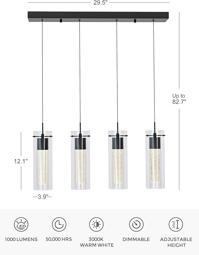 Tawson Alice 4-Light Chandelier Pendant Ceiling Light, Integrated Led and Bubble Glass, for Kitchen Island, Hallway, Entryway, Passway, Dining Room, Bedroom, Balcony Living Room (Black)