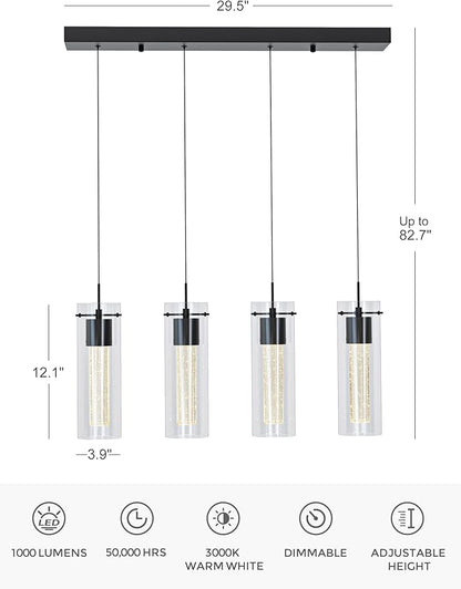 Tawson Alice 4-Light Chandelier Pendant Ceiling Light, Integrated Led and Bubble Glass, for Kitchen Island, Hallway, Entryway, Passway, Dining Room, Bedroom, Balcony Living Room (Black)