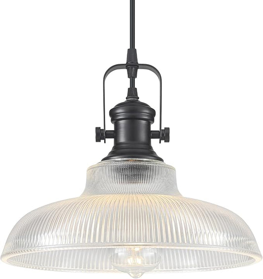 Black Glass Pendant Lights Kitchen Island, 12in, Ribbed Glass Kitchen Pendant Lights Fixture, Farmhouse Pendant Lighting for Dining Room Bedroom Bar Sink, 1 Pack