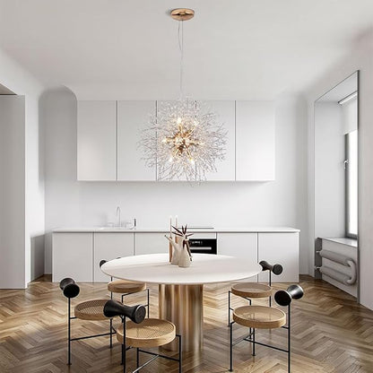 Firework Gold Crystal Chandelier, 9-Light Dandelion Chandelier Lighting for Dining Room, 19.6" Modern Sputnik Pendant Light for Bedroom Kitchen Island