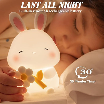 Rabbit Night Light for Kids, Cute Bunny Lamp Gifts for Boys and Girls, Touch Dimmable Squishy Silicone Night Light for Baby Nursery Toddler, Rechargeable Animal Lamp Kawaii Kids Room Decor (Bunny)