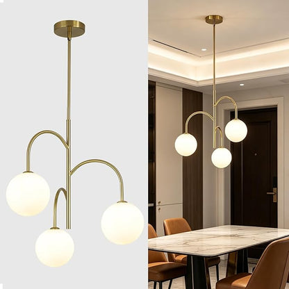 3 Light Milk Glass Chandelier Small Gold Chandelier Vintage Bedroom Pendant Light Fixture White Globe Ceiling Light Mid Century Modern Sputnik Light