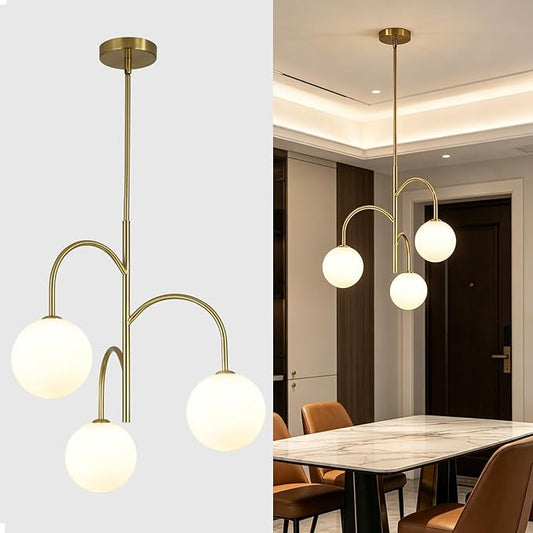 3 Light Milk Glass Chandelier Small Gold Chandelier Vintage Bedroom Pendant Light Fixture White Globe Ceiling Light Mid Century Modern Sputnik Light