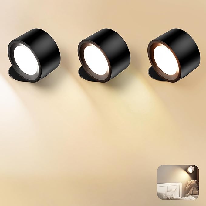 Wall Mounted Lamp LED Wall Lights with Rechargeable Battery Operated, 3 Color Temperatures & 3 Brightness Levels 360°Rotate Magnetic Ball, Cordless Sconces for Reading Bedroom Bedside,Black-3 Pack