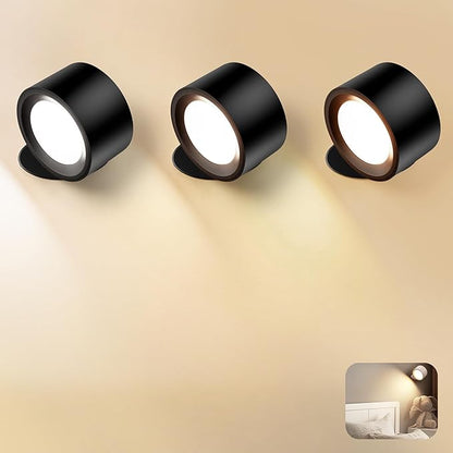 Wall Mounted Lamp LED Wall Lights with Rechargeable Battery Operated, 3 Color Temperatures & 3 Brightness Levels 360°Rotate Magnetic Ball, Cordless Sconces for Reading Bedroom Bedside,Black-3 Pack