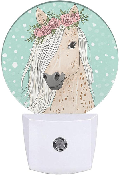 EKOBLA Watercolor Horse Plug-in Night Light, Horse with Floral Wreath LED Nightlight with Dusk to Dawn Sensor for All Ages