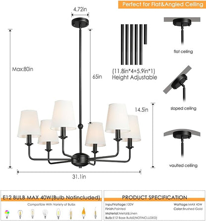 6-Light Black Pendant Chandelier with Fabric Shades, E12 Base - Farmhouse & Industrial Style for Kitchen, Living Room, Dining Room, or Bedroom Lighting