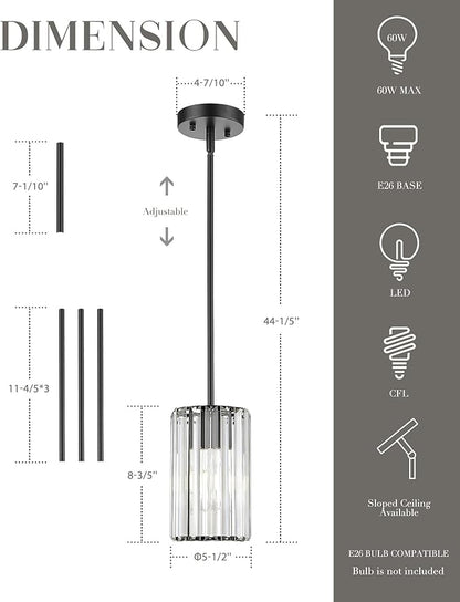 Crystal Pendant Light, Mini Chandelier with Matte Black Finish, Modern Hanging Light Fixture for Kitchen Dining Room Bedroom, CKPL5510-1P-BK