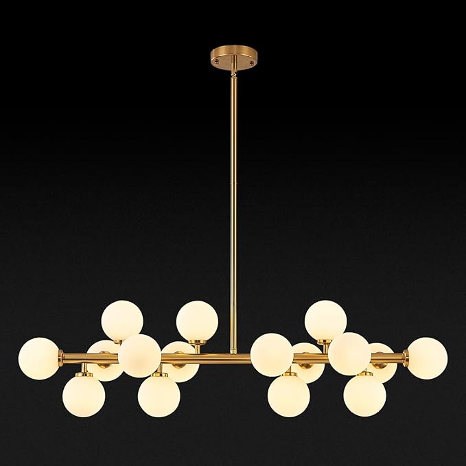 16-Light Globe Sputnik Chandelier, Mid Century Modern Dining Light Fixture Over Table, Brass Gold Linear Chandeliers for Dining Room, Kitchen Island, Living (Milk White Glass Bubble, 40 Inch)