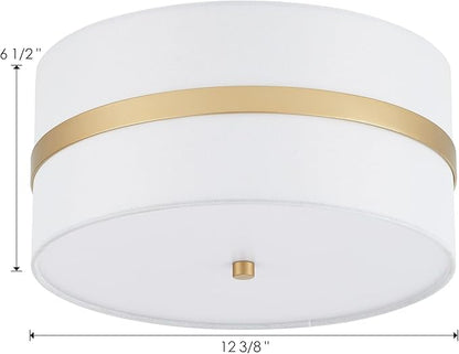 Semi Flush Mount Ceiling Light Fixture, Thin Pale Gold Brush Paint Finish Modern Ceiling Lamp with Cream White Fabric Drum Shade for Nursery Kids Room Bedroom Kitchen Hallway Entryway 3-Light