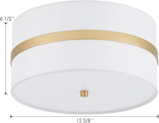 Semi Flush Mount Ceiling Light Fixture, Thin Pale Gold Brush Paint Finish Modern Ceiling Lamp with Cream White Fabric Drum Shade for Nursery Kids Room Bedroom Kitchen Hallway Entryway 3-Light