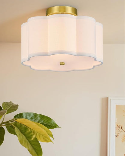 VONLUCE Semi Flush Mount Ceiling Light, 12.6" Ceiling Light Fixture with Flower-Shaped Fabric Shade, 3-Light Modern Light Fixture for Bedroom Living Room Nursery Hallway, White Shade & Gold Finish