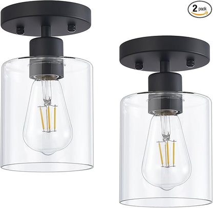 1 Light Semi Flush Mount Ceiling Light Black Kitchen Lighting Fixtures Ceiling Light Fixtures Small Hallway Lights with Clear Glass Shade for Bedroom Set of 2