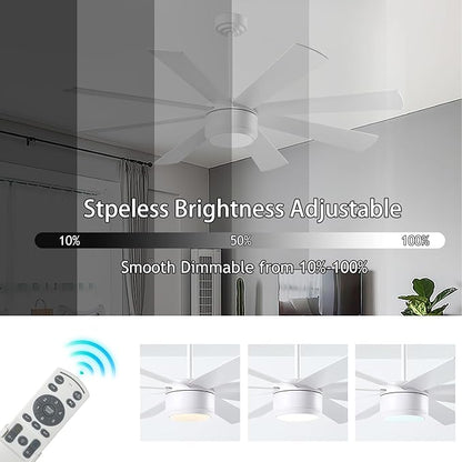 App Commercial Industrial Ceiling Fan with Lights and Remote Control, 8 Blade Reversible Stepless Brightness and Color Temperature (White, 60 Inch)