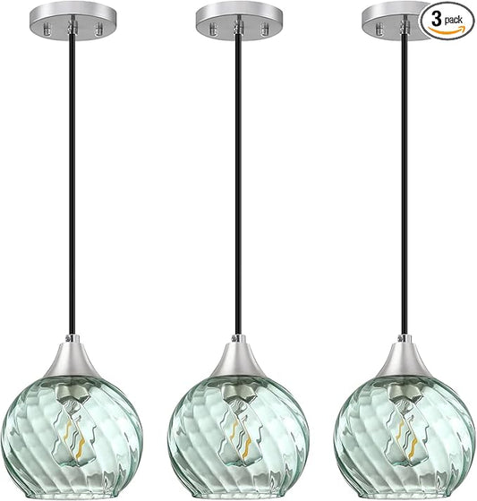 Pendant Lights Kitchen Island,3 Pack Farmhouse Pendant Lights,Green Striped Swirl Globe Glass Pendant Light Fixtures,Mini Island Lights For Kitchen,Modern Hanging Light Fixture With Adjustable Height