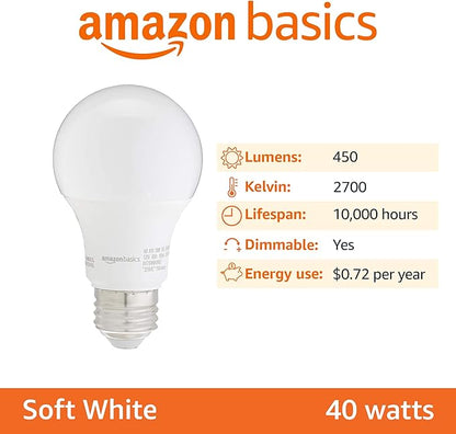Amazon Basics LED Light Bulbs, Energy Efficient 6W, 40 Watt Equivalent, E26 Standard Base, 2700, Dimmable, 10,000 Hour, Soft White, 6 Count (Pack of 4)