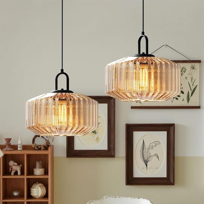 Glass Globe Pendant Light fixtures 1-Lights Black Mid Century Modern Pendant Lights with Amber Hand Blown Glass Shade Ceiling Hanging Lighting for Dining Room Kitchen Ceiling Hanging Light