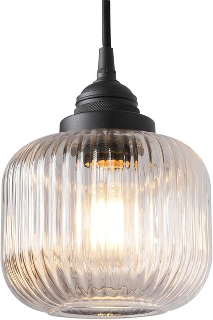 Vintage Ceiling Pendant Light with Clear Ribbed Glass Lampshade, Industrial Globe Hanging Light Fixture for Kitchen Island Hallway Dining Room Stairway