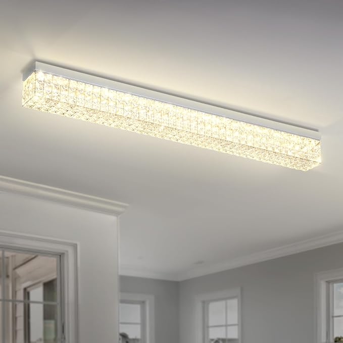 ykolupty L48 Rectangular Chandelier Flush Mount Rectangle Chandelier Modern K9 Crystal Chandeliers Light Fixture for Dining Room Bedroom Bar Silver Crystal Ceiling Lights