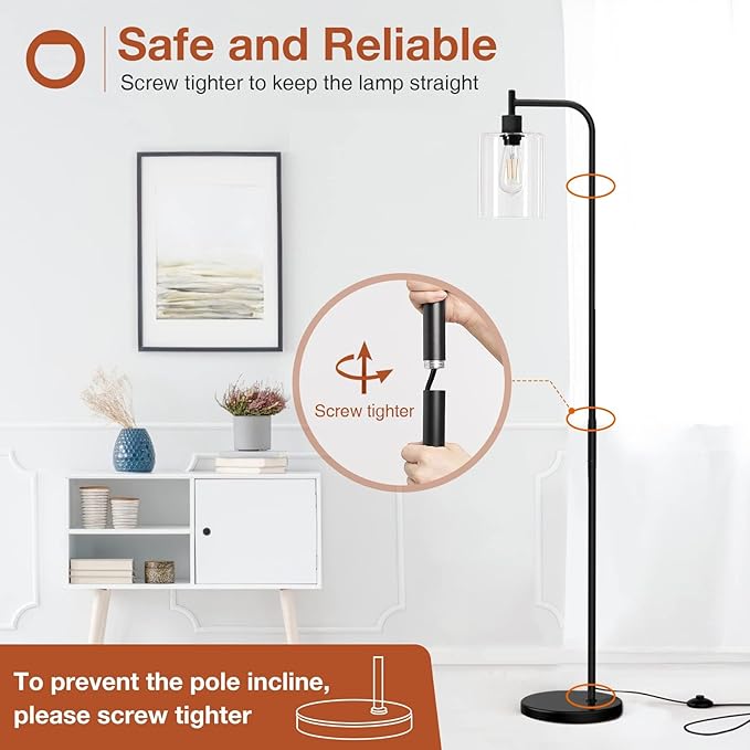 addlon Floor Lamps for Living Room Bright Lighting with Glass lampshade, Modern Bright Floor Lamp with LED Bulbs Industrial Standing lamp for beroom, Tall Pole Lamps Office - Black