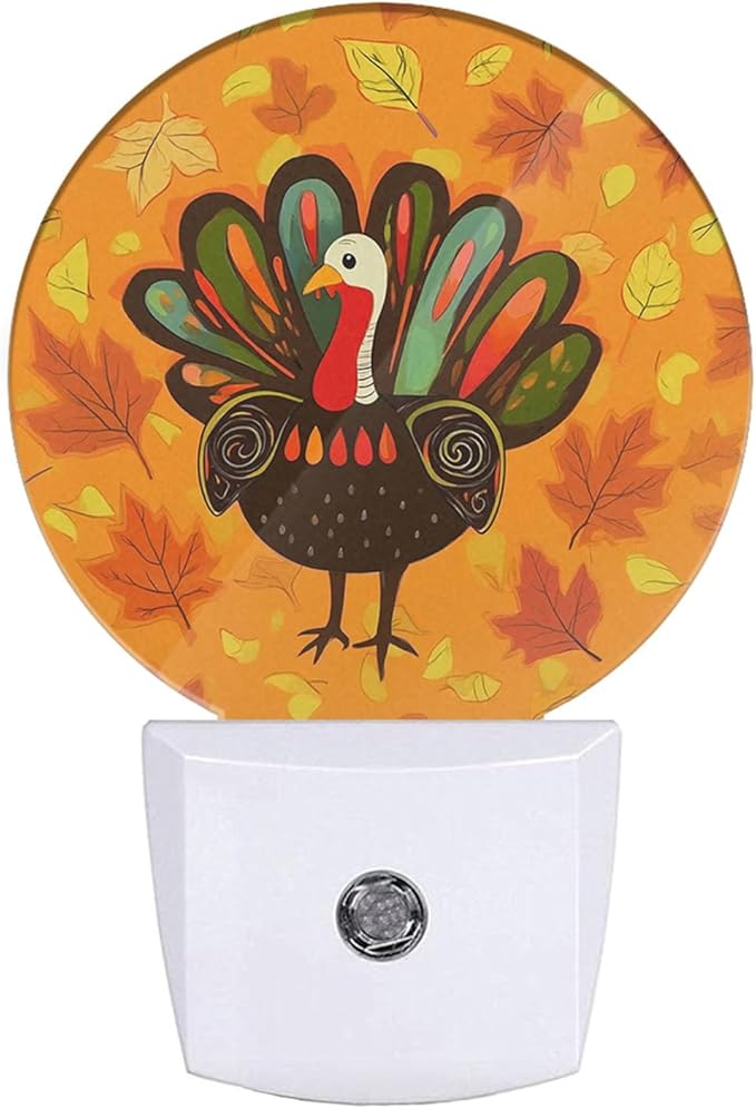 EKOBLA Thanksgiving Plug-in Night Light, Turkey & Fall Maple Leaf LED Nightlight with Auto Sensor, 0.5W Sleep Friendly