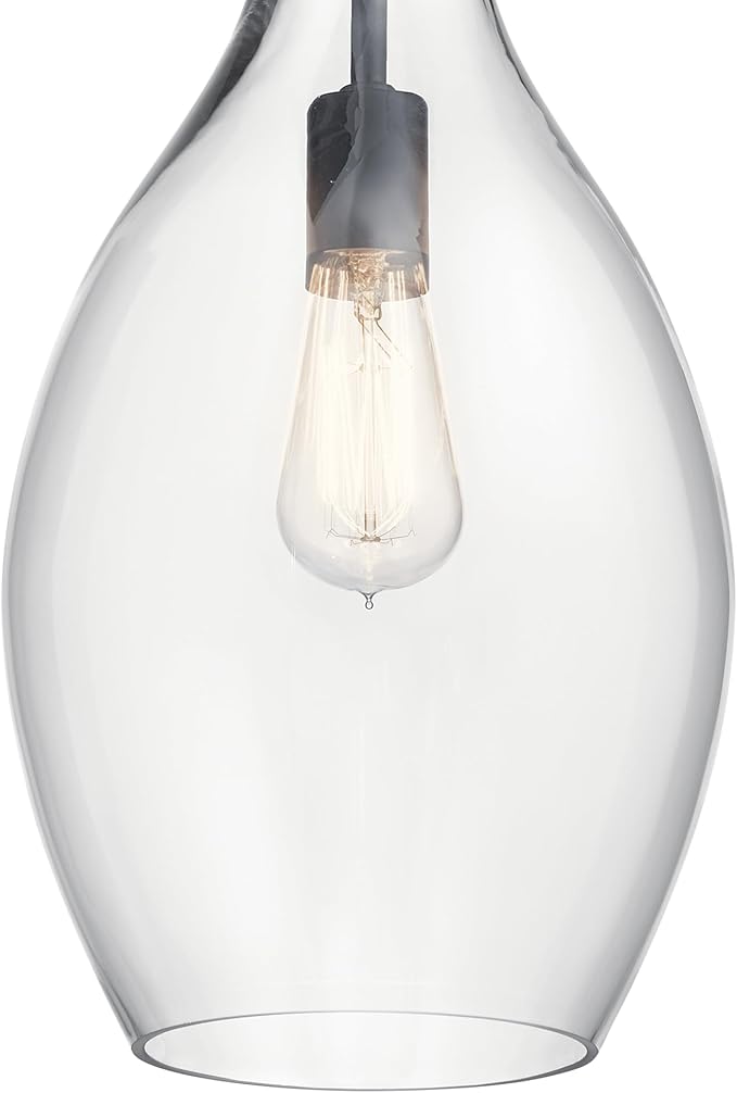 Kichler Everly Single Pendant Light Fixture, 1-Light 100 Watts Hanging Kitchen Island Light with Clear Glass Shade in Black for Dining Room (8.75" x 17.75"), 42047BK