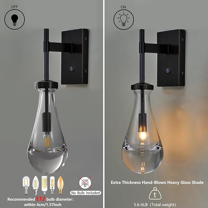 HuisMier Black Wall Sconces, Raindrop Sconces Wall Lighting with On/Off Switch Button, Modern Clear Glass Vanity Light Fixtures Raindrop Wall Sconce for Bathroom Bedroom Living Room Hallway