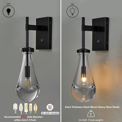HuisMier Black Wall Sconces, Raindrop Sconces Wall Lighting with On/Off Switch Button, Modern Clear Glass Vanity Light Fixtures Raindrop Wall Sconce for Bathroom Bedroom Living Room Hallway