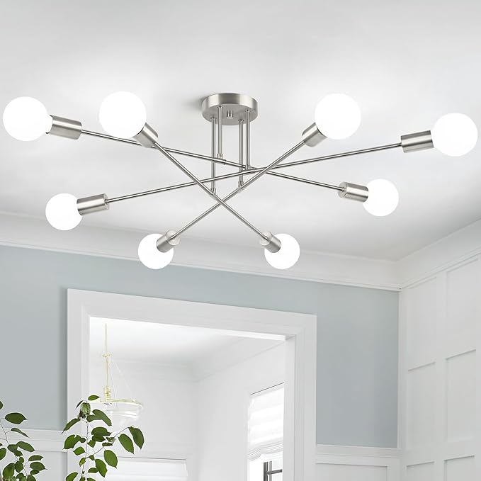 Modern Sputnik Chandelier 8-Light Industrial Ceiling Lights Fixture 32" Brushed Nickel Semi Flush Mount Ceiling Light with E26 Base Sputnik Lights Fixture for Dining Room Bedroom Hallway Living Room