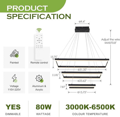 Benkut 3 Rings Modern LED Chandelier Black 31.5inch Rectangle Dimmable LED Pendant Light with Remote Control 3 Tier Flush Mount High Ceiling Light for Dining Living Room Foyer(3000K-6500K, H71)
