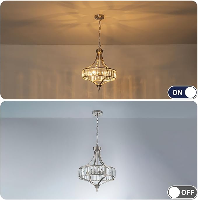 Brushed Nickel Bathroom Chandeliers for Dining Room,15.7" Modern Round Crystal Chandelier Over Tub,4-Light Unique Pendant Light Fixtures for Entryway Foyer Living Room Bedroom Kitchen Island