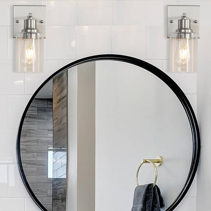Modern Wall sconces Set of 2，Bathroom Vanity Light fixtures, Brushed Nickel Wall Light with Glass Shade, Farmhouse Wall sconces for Mirror,Bedroom,Living Room，1-Lights