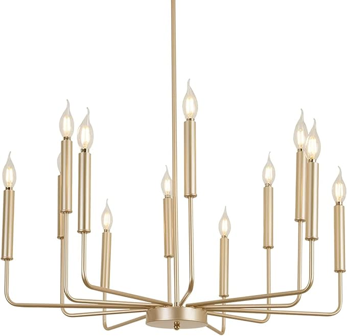 Yiisem Modern Farmhouse Gold Chandelier, 12-Light Rustic Candle Chandelier, Industrial Hanging Chandeliers for Dining Room, Kitchen, Foyer, Entryway, Living Room