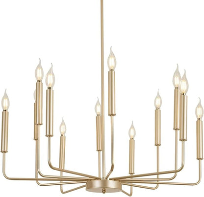 Yiisem Modern Farmhouse Gold Chandelier, 12-Light Rustic Candle Chandelier, Industrial Hanging Chandeliers for Dining Room, Kitchen, Foyer, Entryway, Living Room