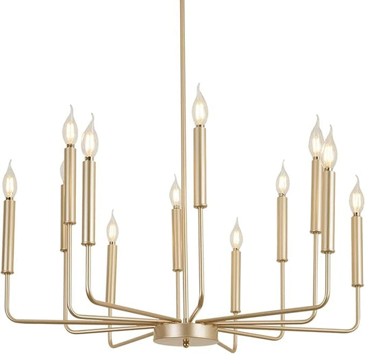 Yiisem Modern Farmhouse Gold Chandelier, 12-Light Rustic Candle Chandelier, Industrial Hanging Chandeliers for Dining Room, Kitchen, Foyer, Entryway, Living Room