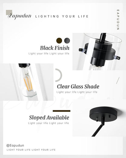 EAPUDUN Industrial Pendant Light Fixtures,Clear Glass Shade Pendant Lighting,Vintage Hanging Lighting Fixture for Kitchen Island,Dining Room,Corridor Bedroom E26 Base UL Listed, PDA1353-MBK
