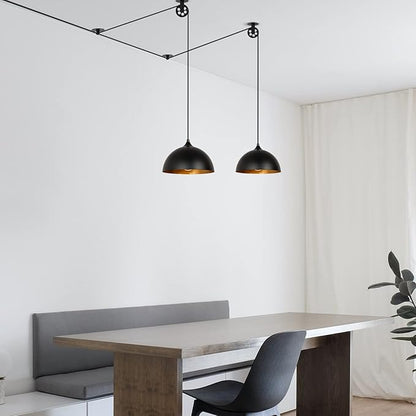 Modern Plug in Pulley Black and Brass Domed Pendant Light with 19.4ft Cord On/Off Switch, Retro Metal Barn Hanging Ceiling Lampshade for Farmhouse Kitchen Island Bedroom Hallway (2 Pack)