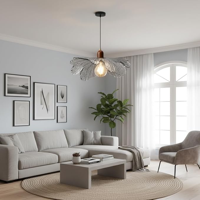 15.75" Large Gray Petal Glass Pendant Light, Mid Century Modern Adjustable 59" Cord Hanging Ceiling Lamp, Floral Leaf Pendant Light for Kitchen Island Dining Room