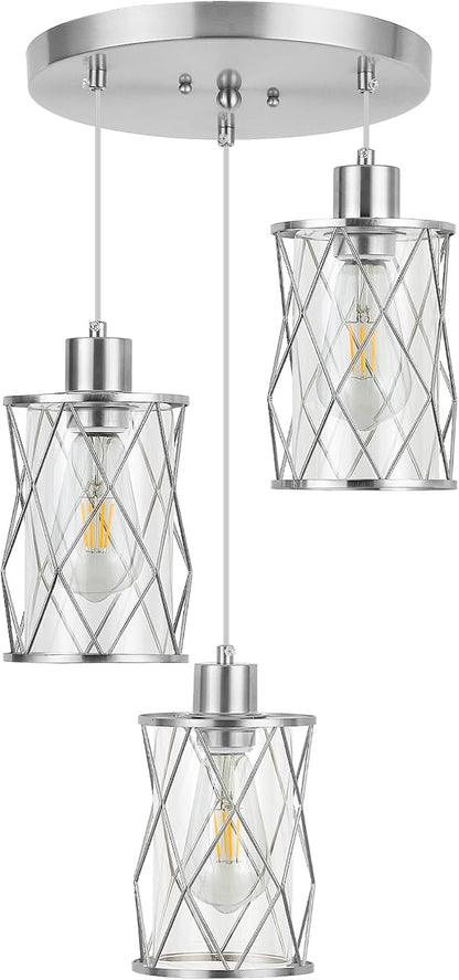 Refice 3-Light Pendant Lights Kitchen Island, Brushed Nickel Kitchen Cluster Hanging Pendant Lights with Clear Glass, Modern Cage Chandelier Light Fixture for Sink Dining Room Bedroom Bar