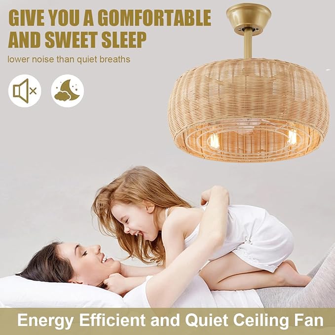 18.1" Rattan Caged Ceiling Fan with Lights 4-Light Beige Fandelier with Light Boho Bamboo Chandelier Fan with Light Reversible Motor, Remote Wicker Pendant Light with Fan for Bedroom Living Room