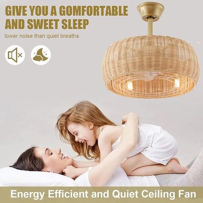 18.1" Rattan Caged Ceiling Fan with Lights 4-Light Beige Fandelier with Light Boho Bamboo Chandelier Fan with Light Reversible Motor, Remote Wicker Pendant Light with Fan for Bedroom Living Room