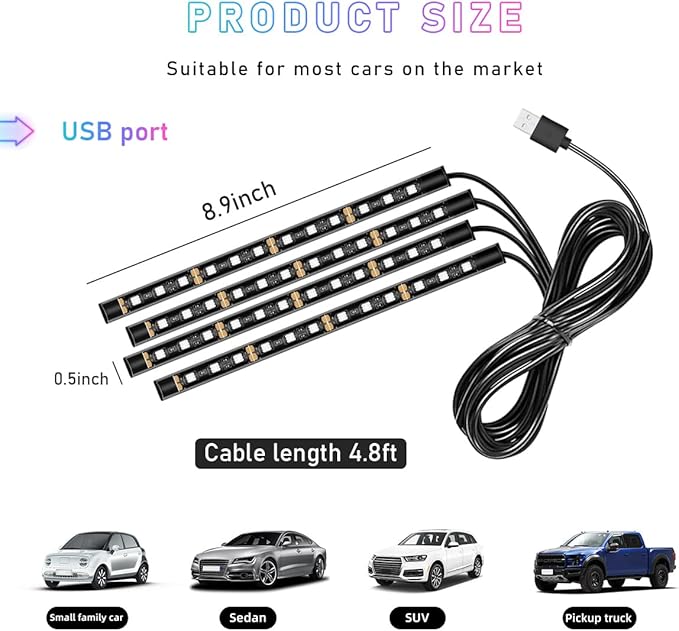 Ohleats Car LED Strip Light, 48 LED RGB Auto Interior Atmosphere Lights, Cigarette Lighter Under Dash Ambient Night Light, Interior Lamp Lighting Kit (Pink Purple, USB)