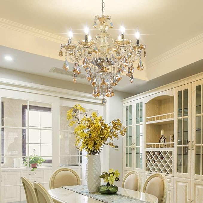 Modern K9 Crystal Chandelier Cognac 6 Lights, E12 Base Candle Crystal Pendant Lighting Fixture, Elegant Crystal Ceiling Light for Dinning Living Room Bedroom Hallway (6 Lights)