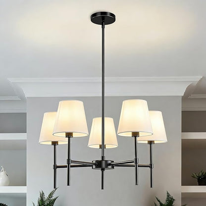 RUIYEY Dining Room Chandeliers Light - 5-Light 25.6 Inch Black Modern Chandeliers Light Fixtures with White Fabric Shade, Height Adjustable Pendant Island Lights for Entryway Farmhouse