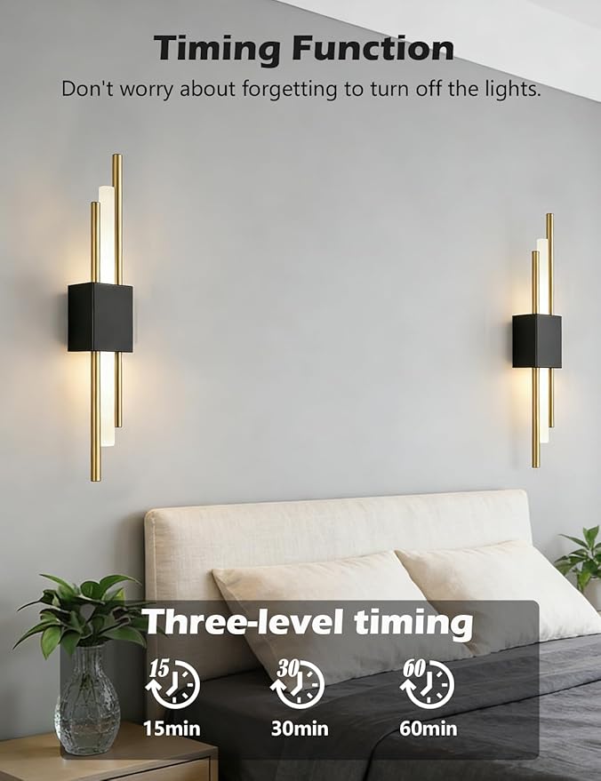 2 Pcs USB Rechargeable Wall Sconces, Wireless Cordless Wall Lamp with Dimmable Timer, No Wiring Needed Mounted Wall Light, Modern Decor Wall Sconce for Living Room, Bedroom, Study, Bathroom, Corridor