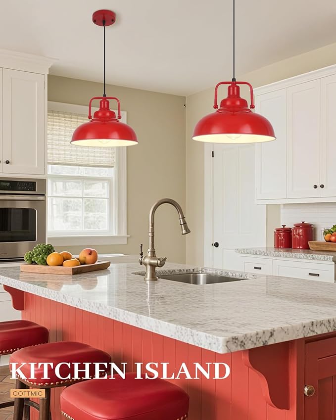 Red Farmhouse Pendant Light, 11.5in Pendant Light Kitchen Island, Adjustable Height, Industrial Pendant Lights, Metal Vintage Pendant Lighting for Kitchen, Dining Room, Barn, Hallway, 3 Pack