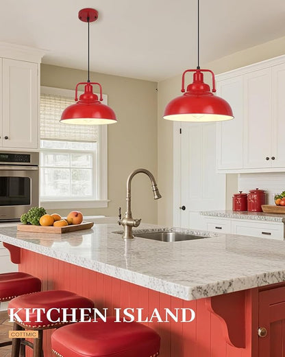 Red Farmhouse Pendant Light, 11.5in Pendant Light Kitchen Island, Adjustable Height, Industrial Pendant Lights, Metal Vintage Pendant Lighting for Kitchen, Dining Room, Barn, Hallway, 3 Pack