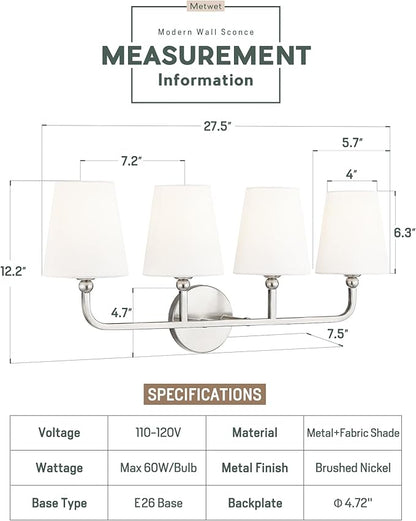 Bathroom Light Fixtures, 4 Light Vanity Lights with Flared White Fabric Shade, 28 Inch Brushed Nickel Wall Sconce, Modern Sconces Wall Lighting for Hallway Bedroom, VL837-BN-4