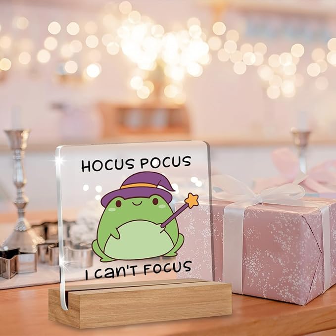 Funny ADHD Gifts for Women Men, Mental Health Desk Decor, Hocus Gifts for Neurodivergent Teens, People With ADHD, Cute Funny Frog Acrylic Plaque Table Sign Office Desk Decor 4 × 4 Inch